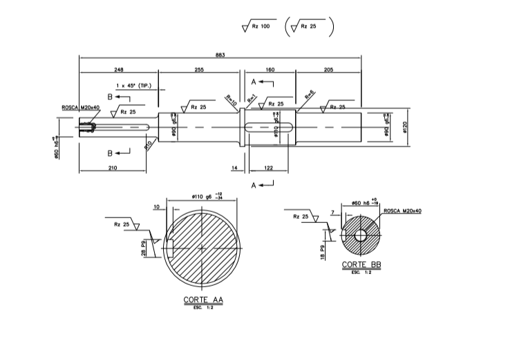 PROJETO MECÂNICO - EIXO P/ CARRO DE TRANSLAÇÃO - DETALHAMENTO